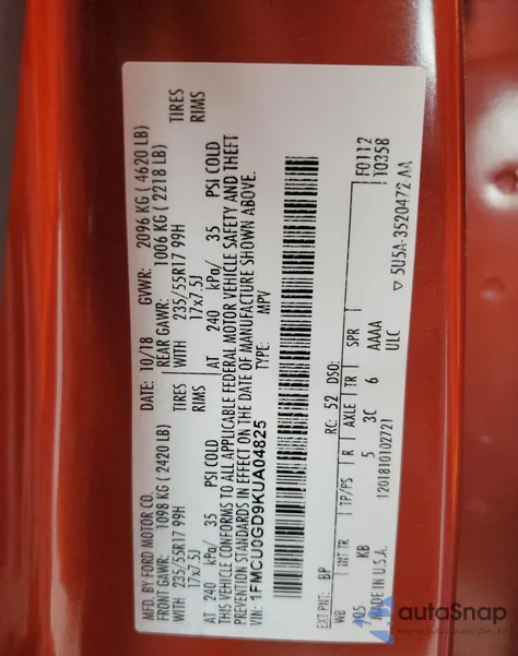 2019 Ford Escape Se from USA, damaged, VIN 1FMCU0GD9KUA04825